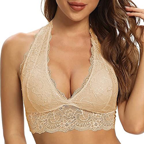 SHEKINI Neckholder BH Bralette Damen Spitze Blumen Bustier Crop Top Triangel BH ohne Bügel Abnehmbare Gepolstert BH Tiefer Ausschnitt Corset Top Sexy Unterwäsche(Aprikose,XL) von SHEKINI