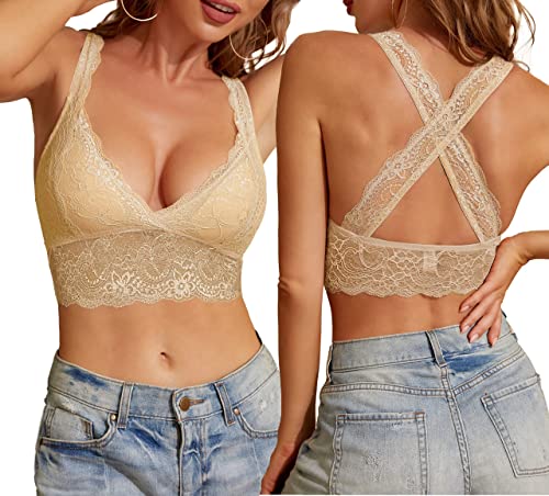 SHEKINI BH Damen ohne Bügel Bralette Damen Spitze Abnehmbare Gepolstert BH Racerback Blumen Bustier Bra Oberteile Top Rückenfreier Sexy Unterwäsche Dessous(Aprikose,S) von SHEKINI