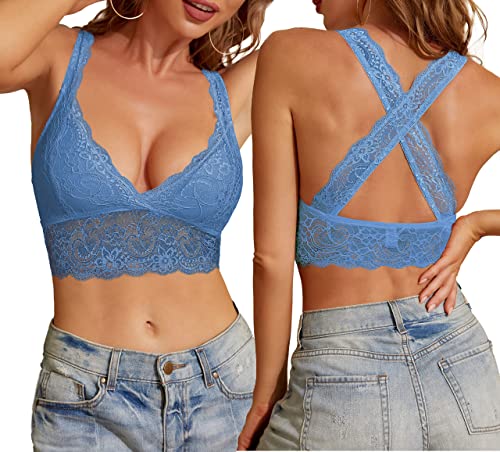 SHEKINI BH Damen ohne Bügel Bralette Damen Spitze Abnehmbare Gepolstert BH Racerback Blumen Bustier Bra Oberteile Top Rückenfreier Sexy Unterwäsche Dessous(Blauer Dunst,L) von SHEKINI