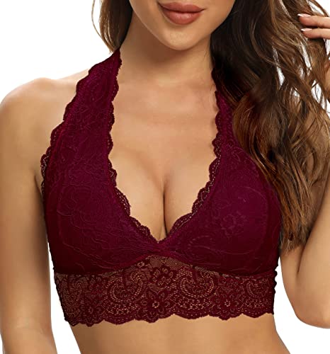 SHEKINI Neckholder BH Bralette Damen Spitze Blumen Bustier Crop Top Triangel BH ohne Bügel Abnehmbare Gepolstert BH Tiefer Ausschnitt Corset Top Sexy Unterwäsche(Rot,M) von SHEKINI