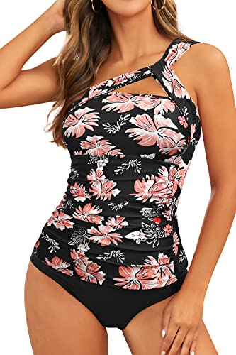 SHEKINI Damen Tankini Set Eine Schulter Raffung Bauchweg Zweiteiliger Badeanzug Triangle Bikinihose Slip Schwimmanzug Bademode(L,Schwarz) von SHEKINI