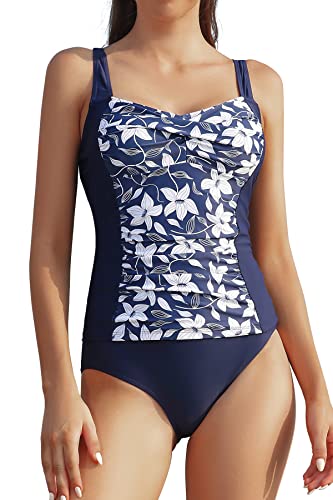 SHEKINI Damen Zweiteiliger Badeanzug Ruched Bauchweg Verstellbarer Tankini Top Drucken Bademode mit Triangel Bikini Slip Badeshorts(M, Dunkelblau B) von SHEKINI