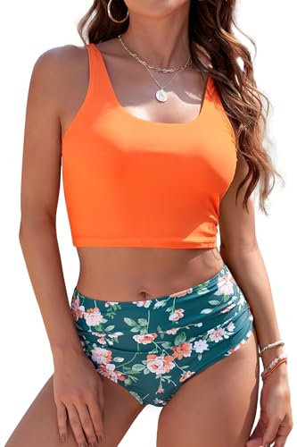 SHEKINI Damen Tankini Set Ruched Bauchweg Crop Swim Top Camisole mit High Waist Badehose Bikini Zweiteiler Badeanzug S-XXL（S,Orange Blumendruck） von SHEKINI