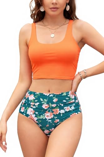SHEKINI Damen Tankini Set Zweiteiliger Bauchweg Bademode Badeanzug Tankinioberteil und Hoher Taille Badehose Badebekleidung Beachwear von SHEKINI