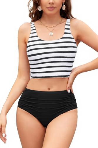 SHEKINI Damen Tankini Set Zweiteiliger Bauchweg Bademode Badeanzug Tankinioberteil und Hoher Taille Badehose Badebekleidung Beachwear von SHEKINI