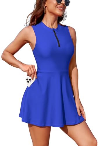 SHEKINI Damen Tankini Sets High Neck Swim Dress Zweiteiliger sportlicher Badeanzug Rash Guard Badeanzug Zip Front Bademode (Blau, Large) von SHEKINI