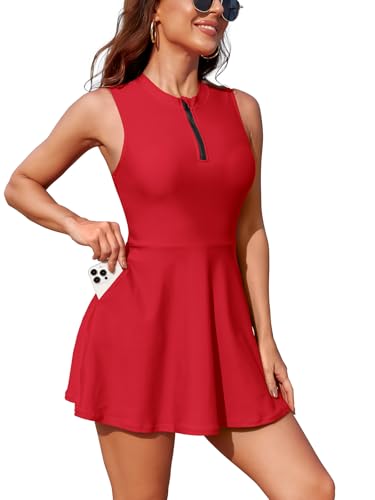 SHEKINI Damen Tankini Sets High Neck Swim Dress Zweiteiliger sportlicher Badeanzug Rash Guard Badeanzug Zip Front Bademode (Rot, Large) von SHEKINI