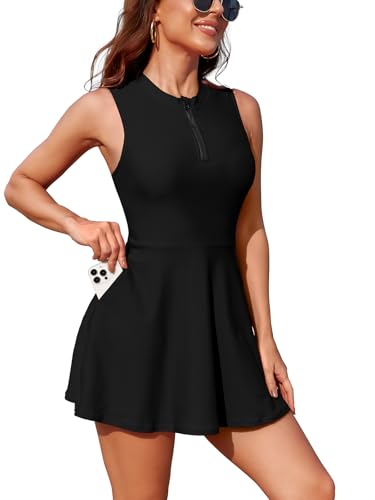 SHEKINI Damen Tankini Sets High Neck Swim Dress Zweiteiliger sportlicher Badeanzug Rash Guard Badeanzug Zip Front Bademode (Schwarz, Large) von SHEKINI