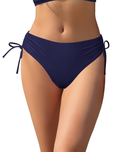 SHEKINI Damen Tiefblaue Bikinihose Volle Abdeckung Bademode Mid Taille Badeanzug Bottoms Ruched Badeanzug für Frauen (XL,Tiefblau) von SHEKINI