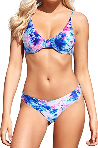 SHEKINI Damen Triangel Bikini Set mit Bügel Push Up Einlagen Leopard Strand Bikinis Low Waist Rückenfrei Zweiteiliger für Frauen(XS, Tie-dye LF) von SHEKINI