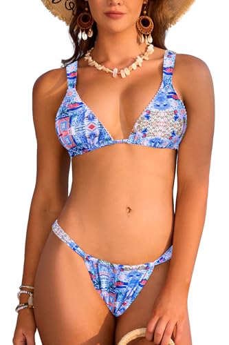 SHEKINI Damen Triangel Schnürschuh Bikini Set Badeanzug Rückenfrei Spaghettiträger Gesmokt Bedruckter Zweiteiliger Bademode（M,Hellblau Blumendruck） von SHEKINI