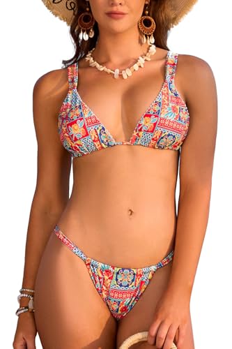 SHEKINI Damen Triangel Schnürschuh Bikini Set Badeanzug Rückenfrei Spaghettiträger Gesmokt Bedruckter Zweiteiliger Bademode（XS,Retro Blumendruck） von SHEKINI