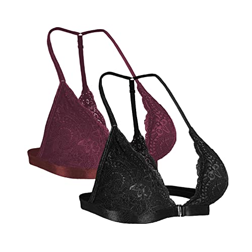 SHEKINI Damen Triangel Spitzen BH ohne Bügel Sexy Tiefen Ausschnitt Vorderverschluss Bralette Bequeme Rückenfreie Unterwäsche Plunge Bra (XL, Schwarz+Fuchsia) von SHEKINI