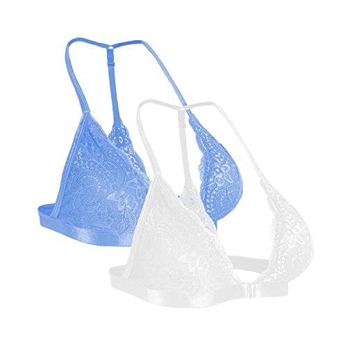 SHEKINI Damen Triangel Spitzen BH ohne Bügel Sexy Tiefen Ausschnitt Vorderverschluss Bralette Bequeme Rückenfreie Unterwäsche Plunge Bra (L, Weiß+Blau) von SHEKINI