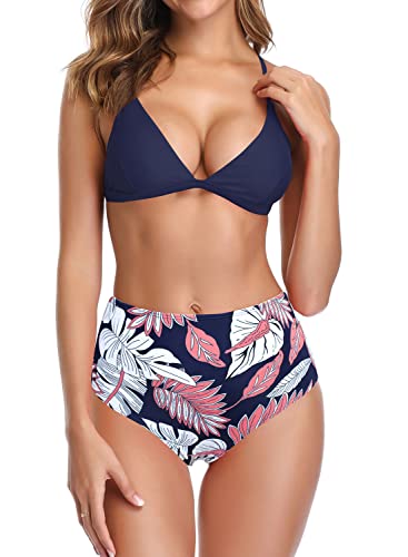 SHEKINI Damen Triangle Bikini Set Floral Printed Zweiteiliger Badeanzug Gepolstert Push Up Badeanzug, dunkelblau, Medium von SHEKINI