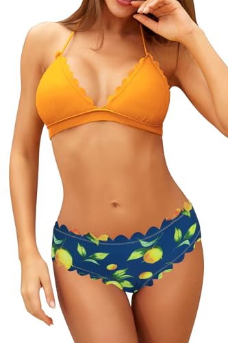 SHEKINI Damen Triangle Bikini Set Wellige Bademode Bunt Blumenmuster Badeshorts Sommer Zweiteiliger für Frauen Neckholder Schnürung Badeanzug（L，Orange Druck-Gelb） von SHEKINI
