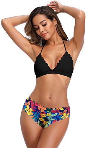 SHEKINI Damen Triangle Bikini Set Wellige Bademode Bunt Blumenmuster Badeshorts Sommer Zweiteiliger für Frauen Neckholder Schnürung Badeanzug（XS，Schwarz） von SHEKINI