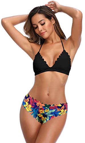 SHEKINI Damen Triangle Bikini Set Wellige Bademode Bunt Blumenmuster Badeshorts Sommer Zweiteiliger für Frauen Neckholder Schnürung Badeanzug（L，Schwarz） von SHEKINI