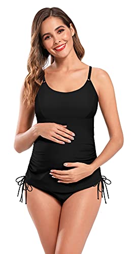 SHEKINI Damen Umstandstankini Zweiteiliger Badeanzug Retro Ruched Bauchkontrolle Verstellbare Tankini Set Grosse Grössen Umstandsbadeanzug (3XL,A-Schwarz) von SHEKINI