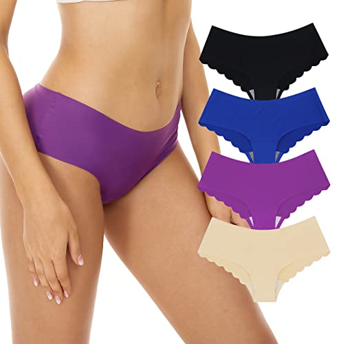 SHEKINI Damen Unsichtbare Höschen Nahtlos Bikini-Stil Von Niedriger Taille von Reiner Farbe von Zierkante mit Wellenmuster Low Cut Slip Panties Unterhosen für Frauen 4er/6er Pack von SHEKINI