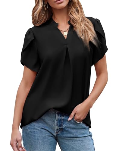 SHEKINI Damen V-Ausschnitt Einfarbig Chiffon Bluse Plissiert Rüschenärmel Elegant Kurzarm Chiffonbluse Tulpenärmel Casual Kurze Ärmel Lässig Flowy Hemdbluse von SHEKINI