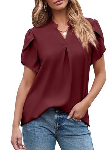 SHEKINI Damen V-Ausschnitt Einfarbig Chiffon Bluse Plissiert Rüschenärmel Elegant Kurzarm Chiffonbluse Tulpenärmel Casual Kurze Ärmel Lässig Flowy Hemdbluse von SHEKINI