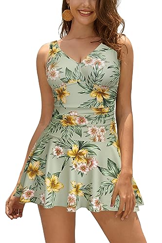 SHEKINI Damen V-Ausschnitt Einteiler Rock Badeanzug Ruched Retro Badeanzug Badeanzug, Hellgrün - Blume, X-Large von SHEKINI