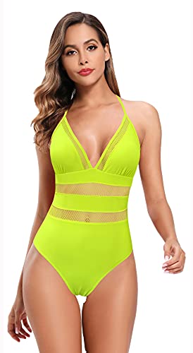 SHEKINI Damen Einteilige Badeanzug V Ausschnitt Tiefen Mesh Bauchweg Bademode Verstellbar Neckholder Rückenfrei One Piece Swimsuit für Frauen（M, Fluoreszierendes Gelb） von SHEKINI