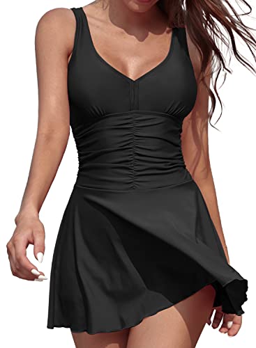 SHEKINI Damen V-Ausschnitt Geraffter Badeanzug Rock Bauchkontrolle Einteiler Badekleid Rückenfrei Bademode, Schwarz , L von SHEKINI