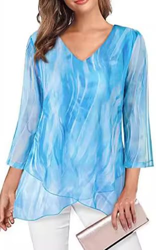 SHEKINI Damen V-Ausschnitt Leichte Mesh Tuniken Hemd Glockenärmeln 3/4 Ärmel Lässig Chiffonbluse Elegant Schnüren Chiffon Rüschen Asymmetrischer Saum Damenbluse von SHEKINI