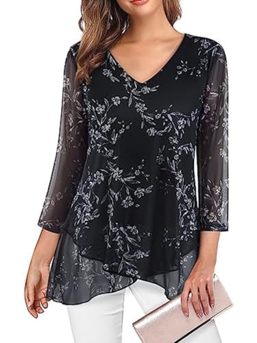 SHEKINI Damen V-Ausschnitt Leichte Mesh Tuniken Hemd Glockenärmeln 3/4 Ärmel Lässig Chiffonbluse Elegant Schnüren Chiffon Rüschen Asymmetrischer Saum Damenbluse von SHEKINI