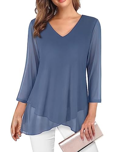SHEKINI Damen V-Ausschnitt Leichte Mesh Tuniken Hemd Glockenärmeln 3/4 Ärmel Lässig Chiffonbluse Elegant Schnüren Chiffon Rüschen Asymmetrischer Saum Damenbluse von SHEKINI