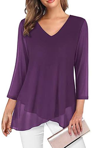 SHEKINI Damen V-Ausschnitt Leichte Mesh Tuniken Hemd Glockenärmeln 3/4 Ärmel Lässig Chiffonbluse Elegant Schnüren Chiffon Rüschen Asymmetrischer Saum Damenbluse von SHEKINI