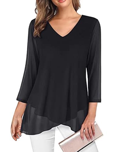 SHEKINI Damen V-Ausschnitt Leichte Mesh Tuniken Hemd Glockenärmeln 3/4 Ärmel Lässig Chiffonbluse Elegant Schnüren Chiffon Rüschen Asymmetrischer Saum Damenbluse von SHEKINI