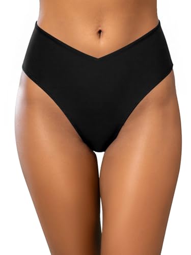SHEKINI Damen V Schnitt Bikini Boden hohe Taille Badeanzug Boden Moderate Abdeckung Schwimmhose（XL，Schwarz） von SHEKINI