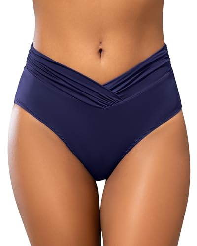 SHEKINI Damen V-Shape Retro Bikinihose Ruched Bauchweg Klassisch Badehose Strandhose Grosse Grössen für Frauen von SHEKINI