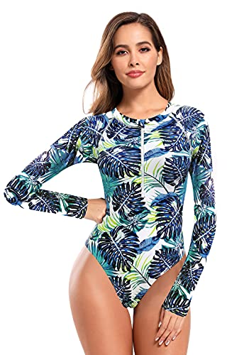 SHEKINI Damen Vintage Langarm Einteilige Badeanzug High Neck Verstellbar Reißverschluss Grafikprint Bademode Cutout Surfanzug Rash Guard Swimsuit(XL,Palmblatt) von SHEKINI