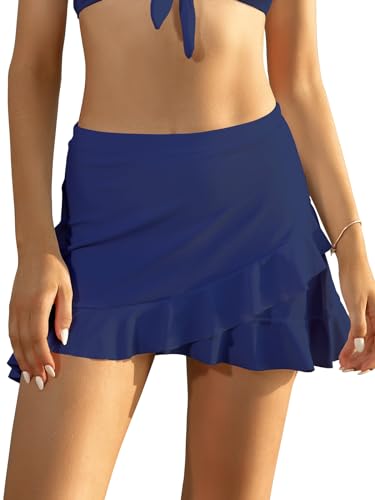 SHEKINI Damen Sportiv Bikinirock Bademode Elegant Kurze Rock Baderock Badebekleidung Eingebaut Bikinihose Beiläufig Sportrock Schwimmrock（L,Deep Blue） von SHEKINI