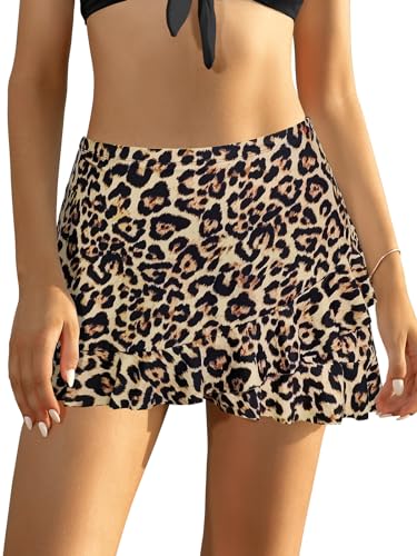 SHEKINI Damen Volant Baderock High Waist Bikinirock Schwarz Kurzer Rock Grosse Grössen Unregelmäßiger Rüschen Bikinikleid Sportiv Strandrock (Leopard,S) von SHEKINI