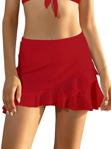 SHEKINI Damen Volant Baderock High Waist Bikinirock Schwarz Kurzer Rock Grosse Grössen Unregelmäßiger Rüschen Bikinikleid Sportiv Strandrock (Rot,S) von SHEKINI