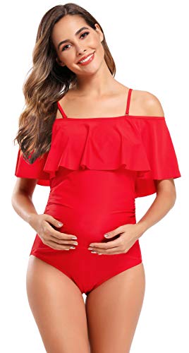 SHEKINI Maternity Einteiliger Badeanzug Damen Rüschen Bandeau Ruched Verstellbarer Bikini Grosse Grössen Umstandsbadeanzug Einteiliger Bikini Schwangerschaft(X-Large, Rot) von SHEKINI