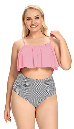 SHEKINI Damen Große Größe Bikini Set Elegant Rüschen Bikinioberteil Hohe Taille bauchweg Ruched Bikinihose Plus Size （4XL，Rosa） von SHEKINI