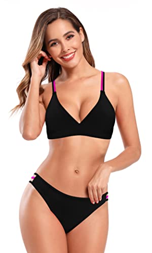 SHEKINI Damen Zweiteiliger Badeanzug Crossover Rückenfrei Bikini Top Bikini-Set Bademode Niedrige Taille Triangel Bikinihose（S, Schwarz A） von SHEKINI