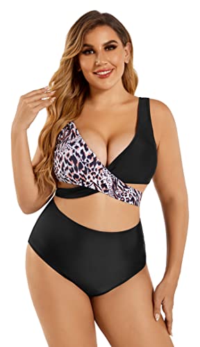 SHEKINI Damen Zweiteiliger Badeanzug Kreuz Schnürung Push Up Bikinioberteil Große Größen Brüste Bikini Set Hohe Taille Bikinihose Bademode(XX-Large,Leopardenmuster) von SHEKINI
