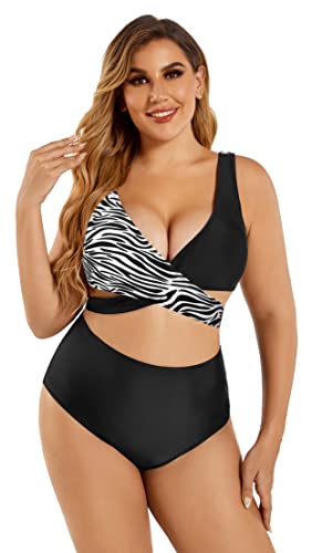 SHEKINI Damen Zweiteiliger Badeanzug Kreuz Schnürung Push Up Bikinioberteil Große Größen Brüste Bikini Set Hohe Taille Bikinihose Bademode(XX-Large,Zebradruck) von SHEKINI