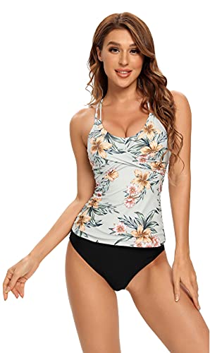 SHEKINI Damen Zweiteiliger Badeanzug Raffung Verstellbar Bauchweg Geblümt Tankini Top Bademode Triangle Bikinihose(M,Grau Grün) von SHEKINI