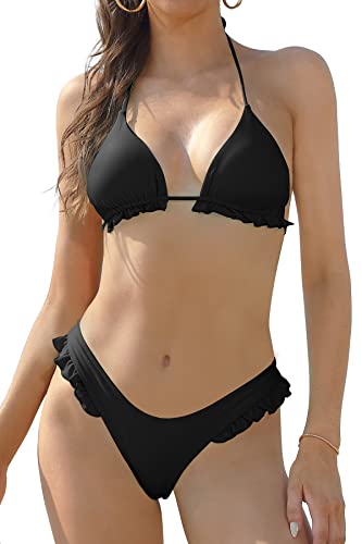 SHEKINI Damen Zweiteiliger Badeanzug Rückenfrei Verstellbar Bikinioberteil Mode Bikini Set Elegant Rüschen Tanga Brasilianer Niedrige Taille Bikinihose （L, Schwarz von SHEKINI