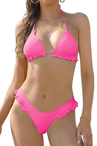 SHEKINI Damen Zweiteiliger Badeanzug Rückenfrei Verstellbar Bikinioberteil Mode Bikini Set Elegant Rüschen Tanga Brasilianer Niedrige Taille Bikinihose （S, Fluoreszierendes Rosa von SHEKINI