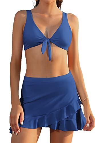 SHEKINI Damen Zweiteiliger Badeanzug V Ausschnitt Knoten Bikinioberteil Rückenfrei Bikini Set mit Hoher Taille Sportrock Schwimmrock Verstellbare(M,Blau) von SHEKINI