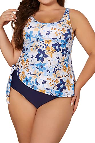 SHEKINI Damen Zweiteiliger Badeanzug Verstellbar Kordelzug Gedruckt Tankini Top Rückenfrei Beachwear Set Große Größe Brüste Bademode Hohe Taille Badehose(XXL,Blau) von SHEKINI